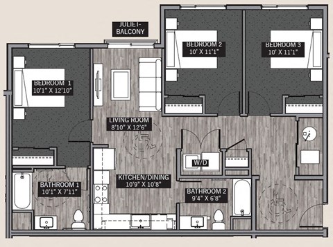 Floor plan for 3 beds, 2 baths, 1100 sqft